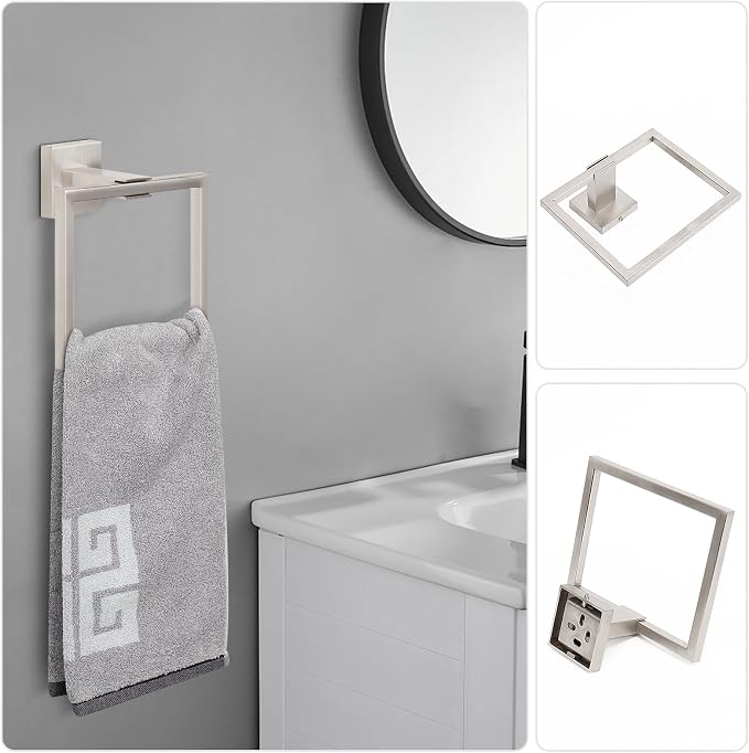 NearMoon 5 Pieces Bathroom Hardware Set 304 Stainless Steel - Square Towel Rack Set Include 16" Towel Rod + Towel Ring + Toilet Paper Holder + 2 Robe Towel Hooks Bathroom Accessories (Brushed Nickel)