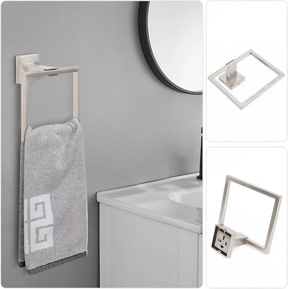 NearMoon 5 Pieces Bathroom Hardware Set 304 Stainless Steel - Square Towel Rack Set Include 16" Towel Rod + Towel Ring + Toilet Paper Holder + 2 Robe Towel Hooks Bathroom Accessories (Brushed Nickel)