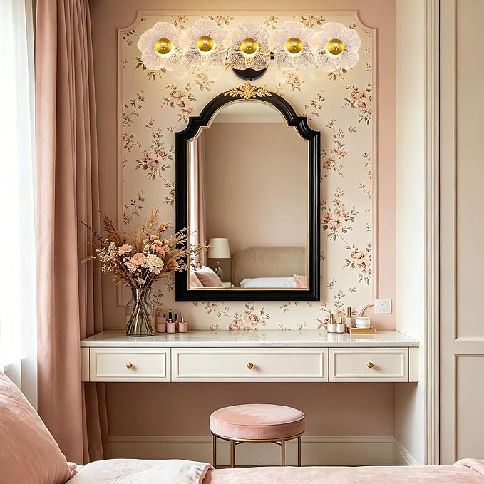 27" Bathroom Light Fixtures,Vanity Lights,Bathroom Vanity Light | 5 light,3CCT,Black Gold,LED,Daisy,Wall Sconces,Girly,Floral,Elegant,Fancy,for Restroom,Living Room,Bedroom,Mirror