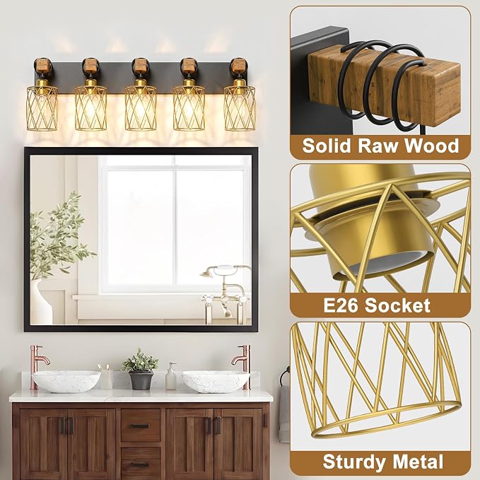 IZORRO Farmhouse Bathroom Vanity Light, 5-Light Wood Bathroom Light Fixtures Over Mirror, Black and Gold Industrial Vanity Lights with Metal Shade, Rustic Restroom Lighting Fixtures