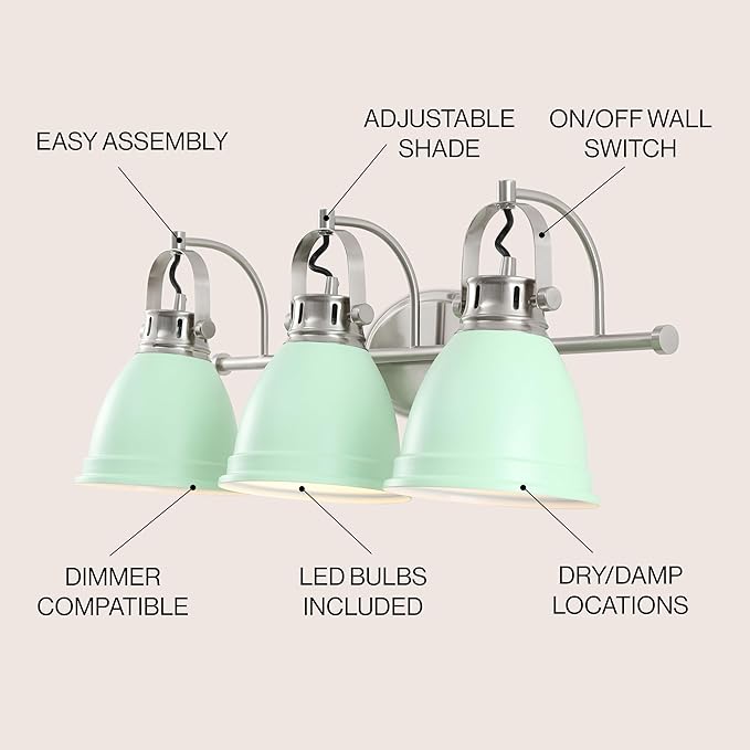 JONATHAN Y 25.5" Mint Green/Nickel 3-Light LED Vanity Light, Adjustable Wall Sconce for Bathroom Mirror, Farmhouse Bohemian Kitchen Light, Iron Black Bell Shade (JYL1116C)
