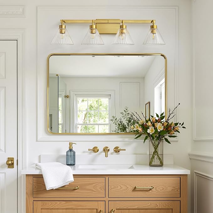 AIJIASI Bathroom Vanity Light Fixtures 4-Light Modern Vanity Lights for Bathroom Brass Gold Bathroom Lighting Fixtures Over Mirror with Ribbed Glass Shade for Bath Restroom 34 Inch