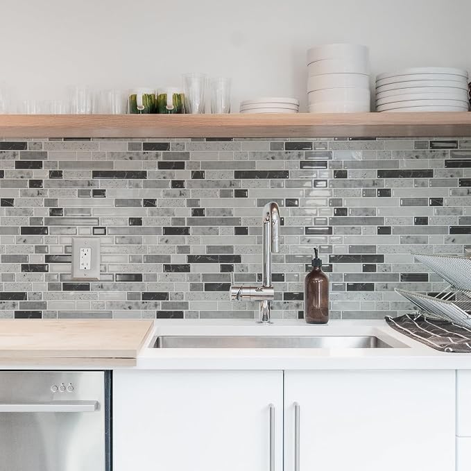 Art3d 10-Sheet Heavy-Duty Peel and Stick Backsplash, Waterproof Wall Tiles Stick on Kitchen Backsplash Living Space, Carrara Grey (Pack of 4)