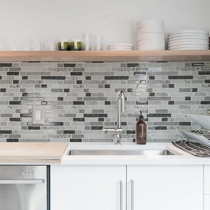 Art3d Linear Design Tile Peel and Stick Backsplash, 10-Sheet, Carrara Grey | 12 x 12 Inch, Enhanced Thickness, Warp Resistant, Strong Adhesion, Sturdy, for Kitchen, Bedroom, Ideal for Home Improvement