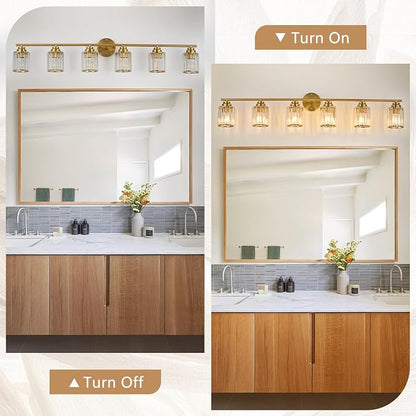 Modern 45.7" Crystal Vanity Light, 6 Light Bathroom Light Fixtures, Gold Vanity Light with Clear Crystal Shades, E26 Base Wall Sconces Vanity Lights for Bathroom Powder Room