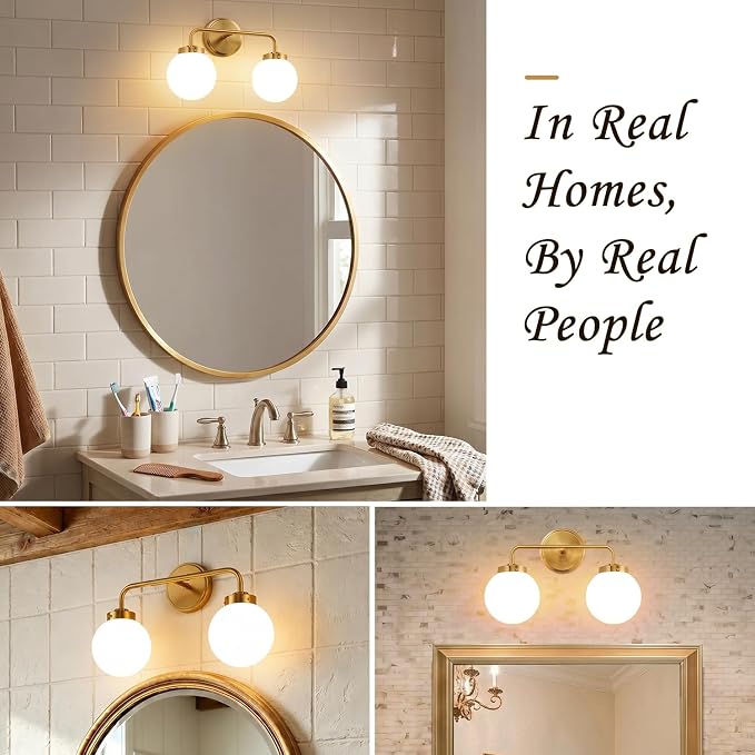Modern Brushed Gold Vanity Lights for Bathroom, Mid Century 2 Light Bathroom Vanity Light with Globe Milky White Glass Shade Over Mirror, Brass Wall Sconce for Bathroom Hallway Living Room Bedroom
