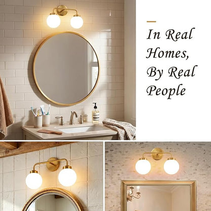 Modern Brushed Gold Vanity Lights for Bathroom, Mid Century 2 Light Bathroom Vanity Light with Globe Milky White Glass Shade Over Mirror, Brass Wall Sconce for Bathroom Hallway Living Room Bedroom