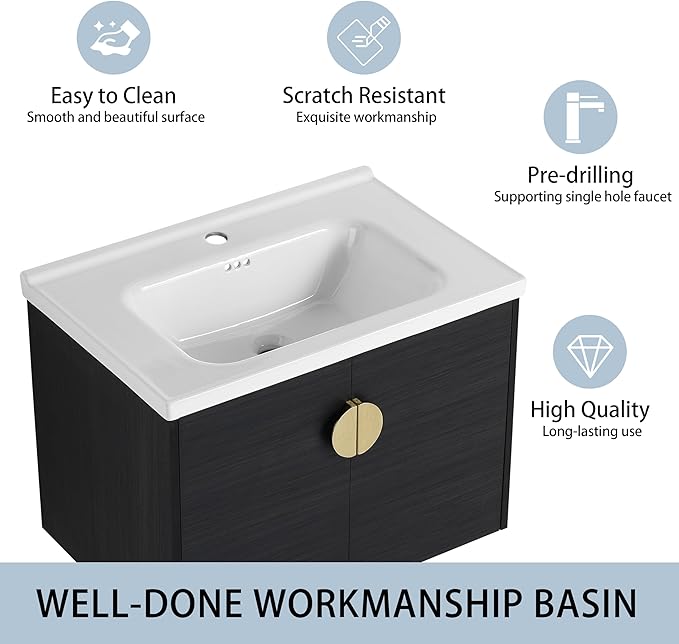 28 Inch Floating Vanity,28" Bathroom Vanity with Sink,Single Sink Wall Mounted Vanity Combo,Modern Wall Mounted Cabinet Set with Ceramic Sink,Black