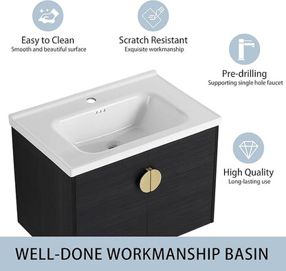 28 Inch Floating Vanity,28" Bathroom Vanity with Sink,Single Sink Wall Mounted Vanity Combo,Modern Wall Mounted Cabinet Set with Ceramic Sink,Black