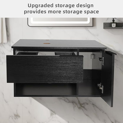 28-Inch Black Floating Bathroom Vanity with 1-Door and 1-Drawer, Modern Wall Mounted Cabinet with Black and White Boat Ceramic Vessel Sink