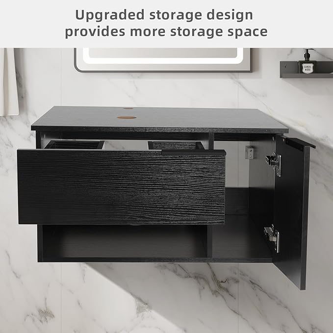 28-Inch Black Floating Bathroom Vanity with 1-Door and 1-Drawer, Modern Wall Mounted Cabinet with White Ceramic Boat Vessel Sink