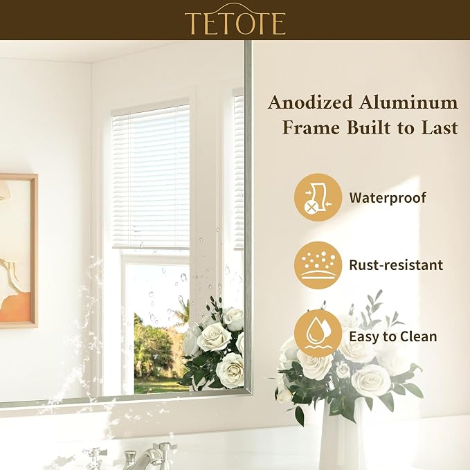 Bathroom Mirror for Over Sink Brushed Nickel Beveled Frame 42" x 36" Rectangle Bathroom Vanity Wall Mirror, Tempered Glass, Stronger Frame, Modern Farmhouse Bedroom, Entryway, Living Room