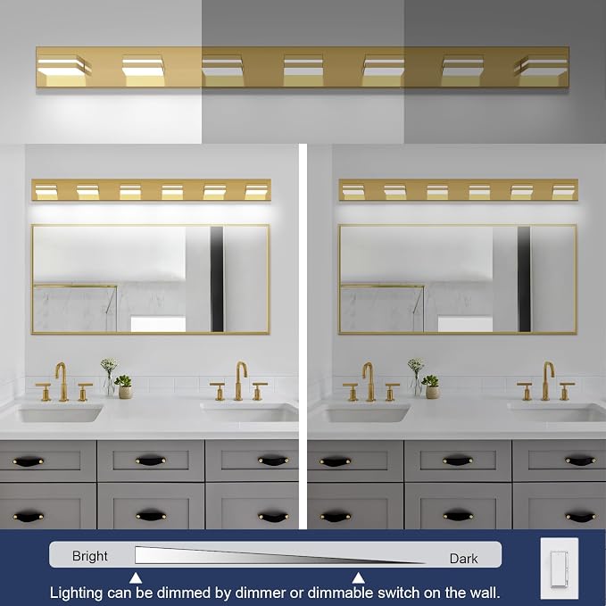 SineRise LED Modern Bathroom Vanity Light Fixtures, Modern Acrylic Bathroom Wall Lighting Fixtures Over Mirror, 7-Light, 55-Inch, Brass, 100%-0% White