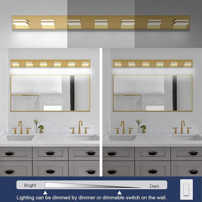 SineRise LED Modern Bathroom Vanity Light Fixtures, Modern Acrylic Bathroom Wall Lighting Fixtures Over Mirror, 7-Light, 55-Inch, Brass, 100%-0% White