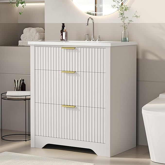 Garvee 30" Fluted Bathroom Vanity with Sink, Farmhouse Freestanding Bathroom Sink Cabinet with 2 Drawers & 1 Flip-Down Drawer, Easy Assembly & Cleaning, White