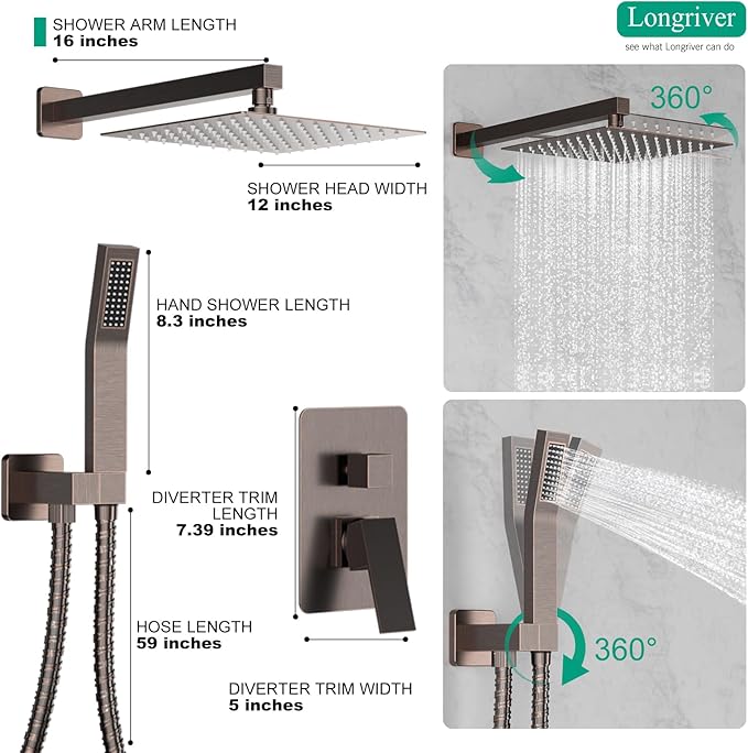 Longriver S200 Shower Faucet Set, Shower System High Pressure 12 Inches Rainfall Shower Head with Handheld Spray, Wall Mounted Shower Fixtures with Shower Valve and Trim Kit, Oil Rubbed Bronze