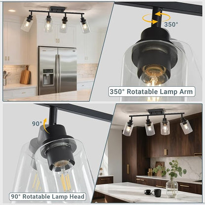 LOUSACE 4 Light Kitchen Track Light Fixtures Ceiling Vanity Lights Black, Bathroom Track Lighting Kit w/Rotatable Heads & Clear Glass Shade, Modern Wall Ceiling Tracking Light for Accent Shop Hallway