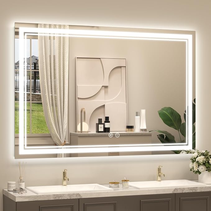 OKPAL 50x36 Lighted Bathroom Mirror, Anti-Fog LED Bathroom Mirror, Bathroom Mirror with Lights, Dimmable Lighted Vanity Mirror, Shatterproof, ETL Listed, Horizontal/Vertical