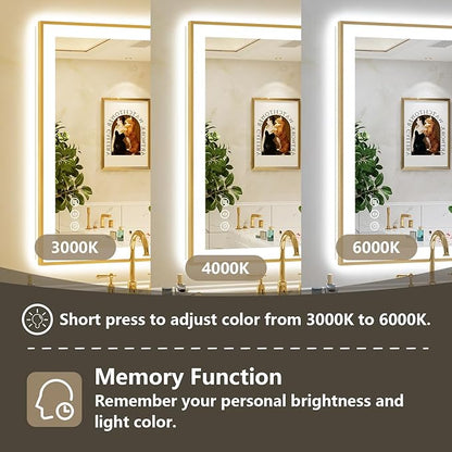 24x30 Inch LED Bathroom Mirror with Lights (Front Lit and Backlit) Gold Framed Lighted Vanity Mirror for Bathroom Wall Dimmable Anti-Fog Memory Tempered Glass Horizontal/Vertical
