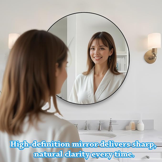 20 x 20 Inch Round Medicine Cabinet with Mirror, Surface Mount Only, Black Metal Frame Bathroom Mirror Cabinet, Modern Shatterproof Vanity Mirror with Storage