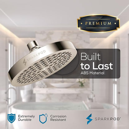 SparkPod 6" Rain Shower Head High Pressure w/ 6" Shower Arm, Brushed Nickel | High Pressure Shower Heads, 90 Nozzles, Adjustable Showerhead, No Tools Needed, Universal Connection, Gain Space & Style