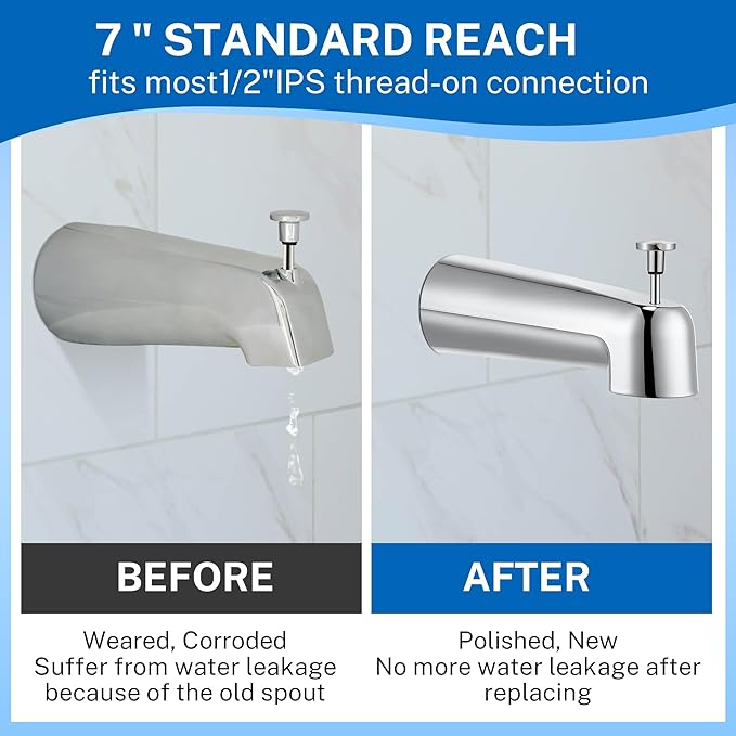 Dreyoo 7 Inch Bathroom Tub Spout Compatible with Westbrass E531D-1F-62, Fits Wall Front Mount Tub Spout with Shower Diverter 1/2'' IPS Inside Thread Bathtub Faucet (Chrome)