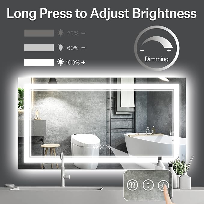 55x30 Inch LED Bathroom Mirror with Lights | Front and Backlit, 3 Colors, Dimmable, Memory, Anti Fog, Shatterproof, Horizontal/Vertical, Lighted Mirrors for Bathroom Wall