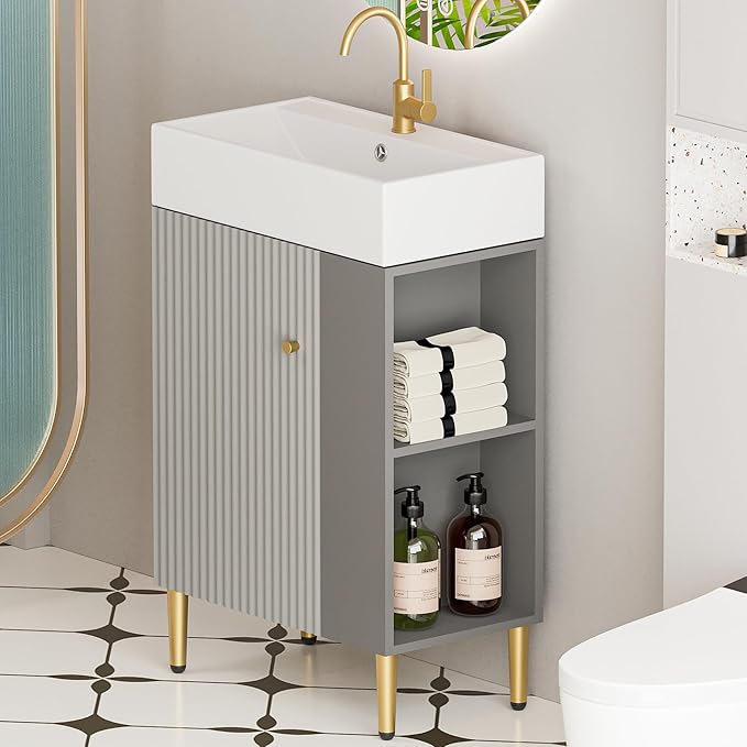 22" Small Bathroom Vanity with Sink, Morden Bathroom Vanities with Soft-Close Door and Open Shelf, Freestanding Narrow Vanity for Compact Space-Saving Bathrooms (Gray,22" Freestanding Right Shelf)