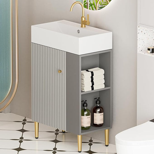 22" Small Bathroom Vanity with Sink, Morden Bathroom Vanities with Soft-Close Door and Open Shelf, Freestanding Narrow Vanity for Compact Space-Saving Bathrooms (Gray,22" Freestanding Right Shelf)