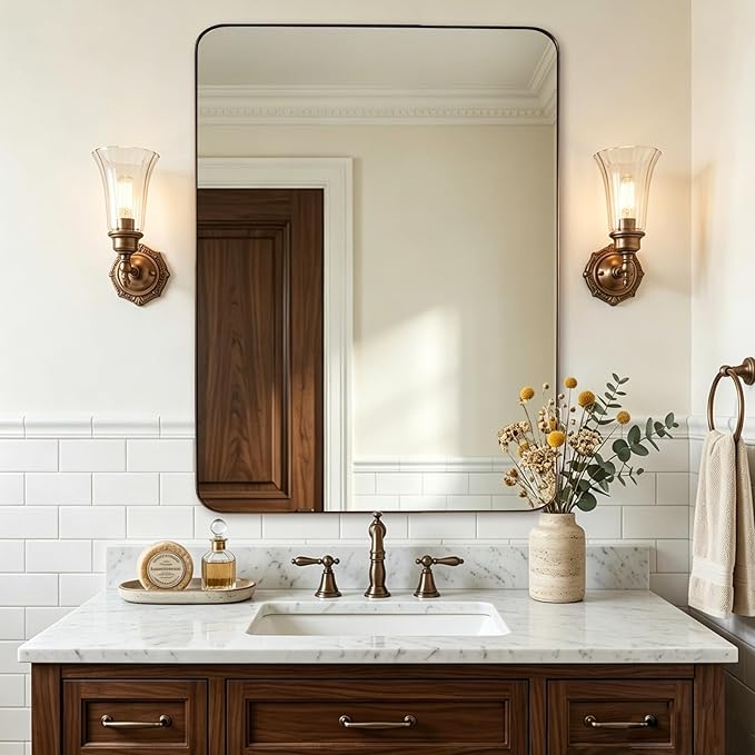 Bronze Mirror for Wall, 30x36” Rounded Rectangle Bathroom Mirror, Modern Stainless Steel Metal Frame for Vanity