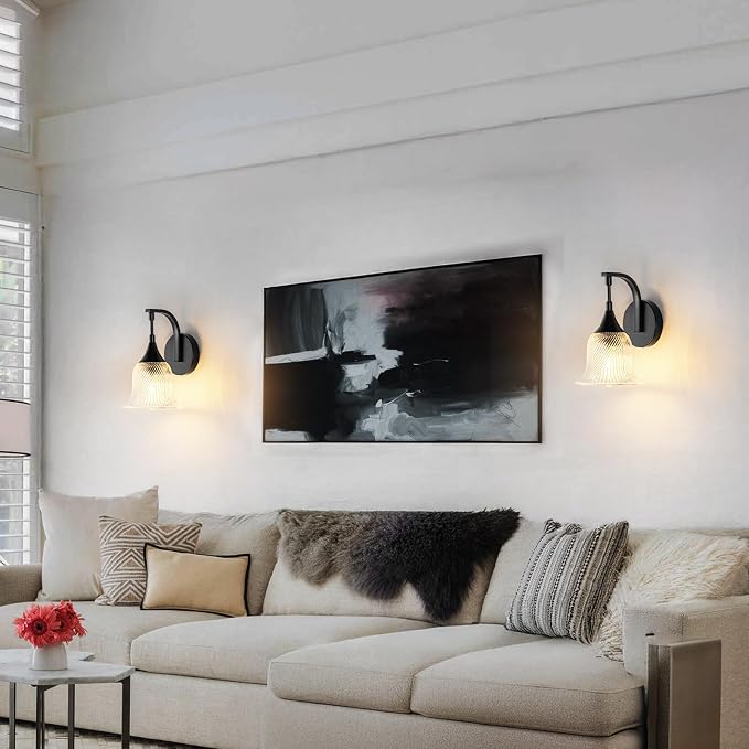 Vintage Black Wall Sconce, 1-Light Modern Wall Lighting Fixture | with 6.6” Textured Glass Shade, Industrial Hardwired Wall Mounted for Dining Living Room Hallway Bedroom Kitchen, E26