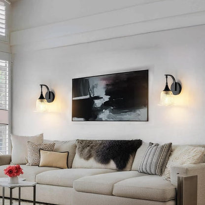 Vintage Black Wall Sconce, 1-Light Modern Wall Lighting Fixture | with 6.6” Textured Glass Shade, Industrial Hardwired Wall Mounted for Dining Living Room Hallway Bedroom Kitchen, E26