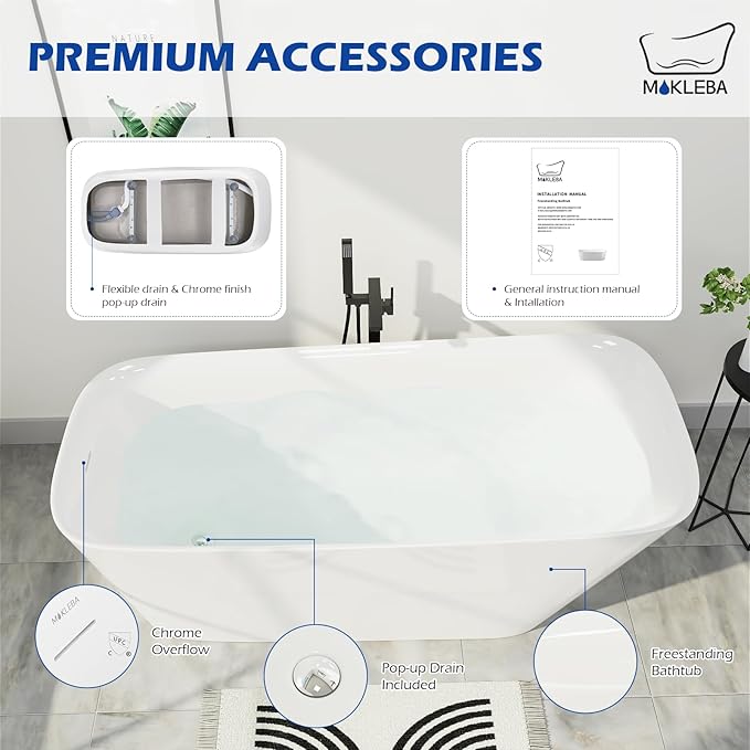 59" Acrylic Freestanding Bathtub, Single Slipper Free Standing Tub, Soaking Tub with Integrated Slotted Overflow, Toe-Tap Chrome Drain, cUPC Certified, Glossy White