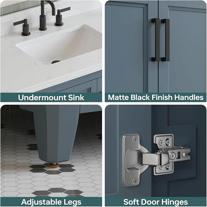 48" Bathroom Vanity with Sink, Fully Assembled, Steel Blue | Solid Wood Bathroom Vanities Set with Quartz Countertop, 2 Soft Close Doors & 7 Full Extension Dovetail Drawers