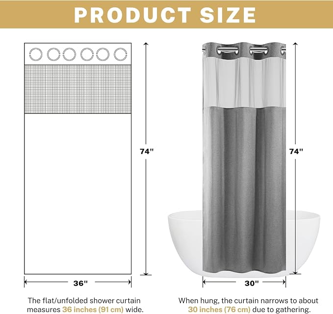 WONICY Stall No Hook Shower Curtain with Snap-in Liner, Grey, 54 x 80 | Ringless, Waterproof & Washable, Hotel Style, Mesh Top Window, Bottom Magnets, Thick, Farmhouse, for Bathroom