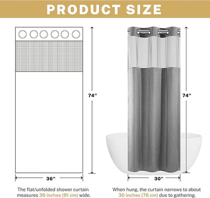 WONICY Stall No Hook Shower Curtain with Snap-in Liner, Grey, 54 x 80 | Ringless, Waterproof & Washable, Hotel Style, Mesh Top Window, Bottom Magnets, Thick, Farmhouse, for Bathroom
