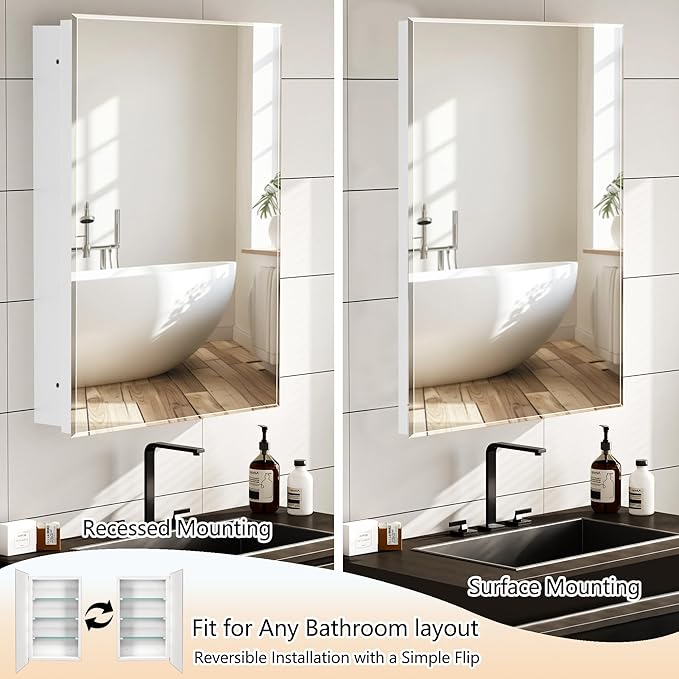 Bathroom Medicine Cabinet with 20x30 in Rectangular Beveled Frameless Mirror,Wall Mounted Mirror Cabinet for Bathroom Toilet Kitchen,Recess or Surface Mount,Already Assembly