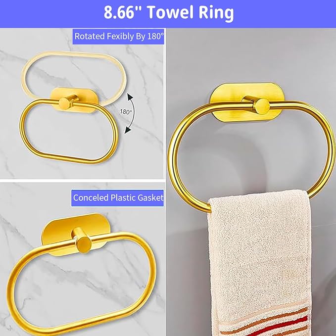 Bathroom Hardware Set, 16" Bathroom Towel Holder with Toilet Paper Holder, Towel Ring, Towel Hook, Bathroom Accessories for Kitchens, Laundry Rooms (10, Gold)