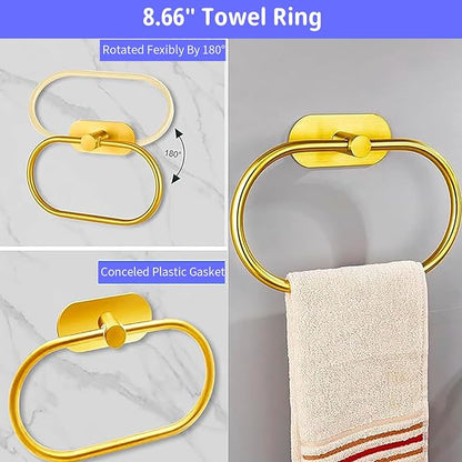 Bathroom Hardware Set, 16" Bathroom Towel Holder with Toilet Paper Holder, Towel Ring, Towel Hook, Bathroom Accessories for Kitchens, Laundry Rooms (5, Gold)