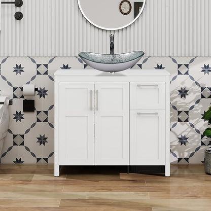 YOURLITE 36" Bathroom Vanity with Sink, White Bathroom Vanity and Sink Combo with Faucet & Pop Up Drain Set,Traditional Vanity with Blue Glass Boat Bathroom Sink