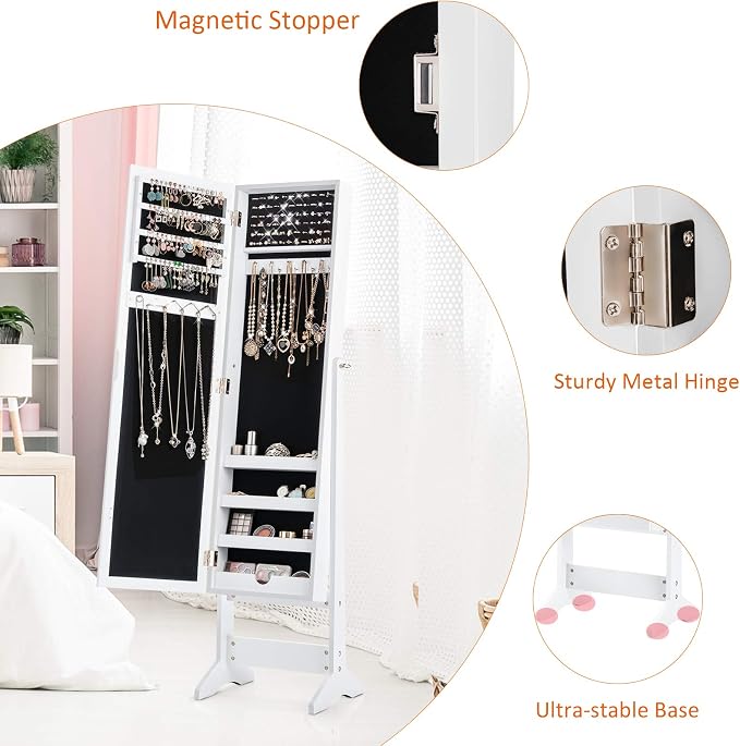 GIANTEX Jewelry Cabinet with Full-Length Mirror, Standing Jewelry Armoire Organizer with 64 Earring Slots, 72 Ring Slots, 20 Necklace Hooks, 4 Storage Shelves, 3 Angle Adjustable (White)