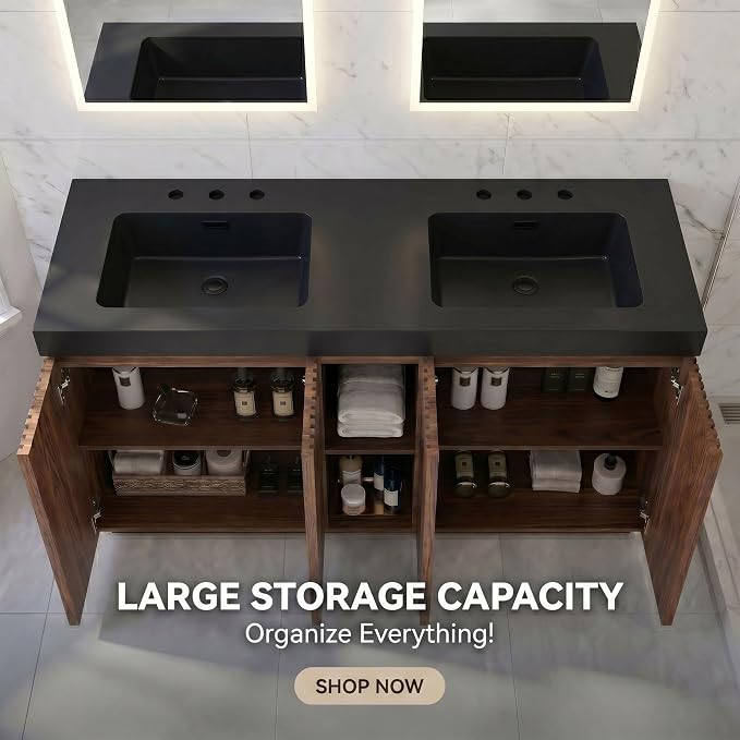 60" Double Bathroom Vanity with Sink (8" Widespread Faucet Holes Predrilled), Mid Century Modern Bathroom Cabinet with 4 Doors & Shelves, Matte Black Sink with Overflow, Walnut