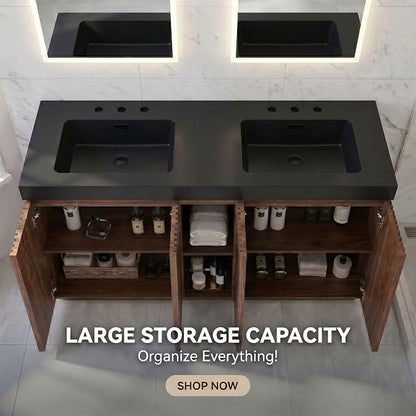 60" Double Bathroom Vanity with Sink (8" Widespread Faucet Holes Predrilled), Mid Century Modern Bathroom Cabinet with 4 Doors & Shelves, Matte Black Sink with Overflow, Walnut