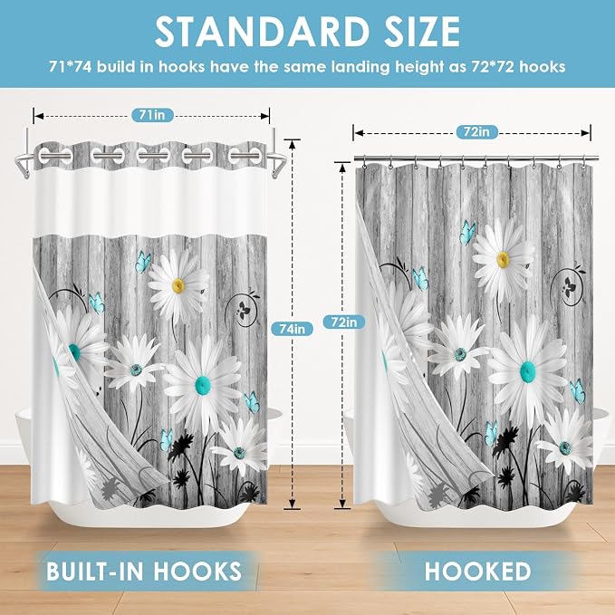 No Hook Shower Curtain with Snap in Liner 71x74 Inch Daisy Flower | Wooden Boards Gray Modern Double Layers Waterproof Fabric with See Through Top Window Open Grommet Bath Curtain