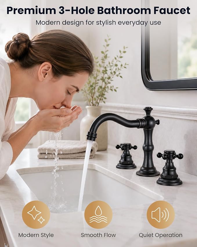 gotonovo 3 Hole 8’’ Widespread Bathroom Sink Faucet Oil Rubbed Bronze | Vintage Bathroom Faucet,2 Cross Handle,6-16’’ Sink,Vanity,Basin,RV,Farmhouse,SUS304,24’’ cUPC Hose Pop Up Drain,Deck Mount