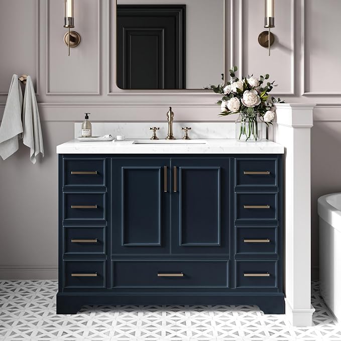 Langford 48-inch Midnight Blue Bathroom Vanity with Center Rectangle Single Sink, Carrara White Quartz Countertop & Backsplash, Solid Wood Frame, Soft-Closing & Dovetail Drawers