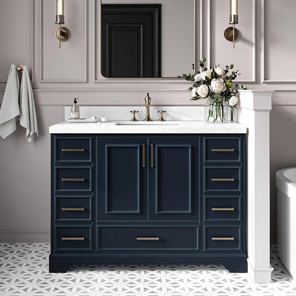 Langford 48-inch Midnight Blue Bathroom Vanity with Center Rectangle Single Sink, Carrara White Quartz Countertop & Backsplash, Solid Wood Frame, Soft-Closing & Dovetail Drawers