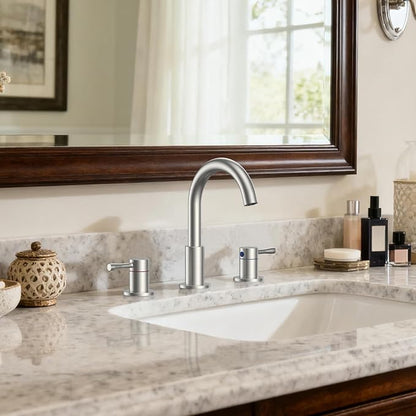 FORIOUS Bathroom Faucet 3 Hole, 360° Swivel 8" Sink Faucet Brushed Nickel | with Pop Up Drain, 2 Handles,for Sink Vanity RV Lavatory Farmhouse, 304 Stainless Steel, Lead-free, Leakproof