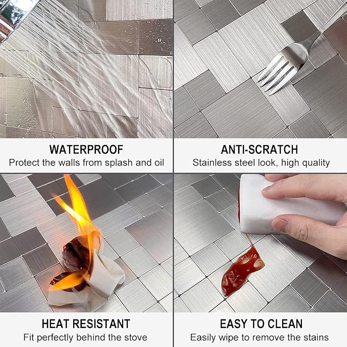DICOFUN 1 Sheet Grey Marble Peel and Stick Tile Backsplash, Mixed Metal Silver Chips Kitchen and Bathroom Tiles, Stick on Backsplash for Stove