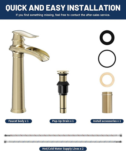 Brushed Gold Vessel Sink Faucet Brass Waterfall Bathroom Faucet Single Hole | with Pop Up Drain Assembly and Supply Hoses, Single Handle Tall Bathroom Faucets Lavatory Vanity Mixer Tap by BATHLAVISH